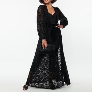 Unique Vintage Black Flocked Lace Robe Duster
